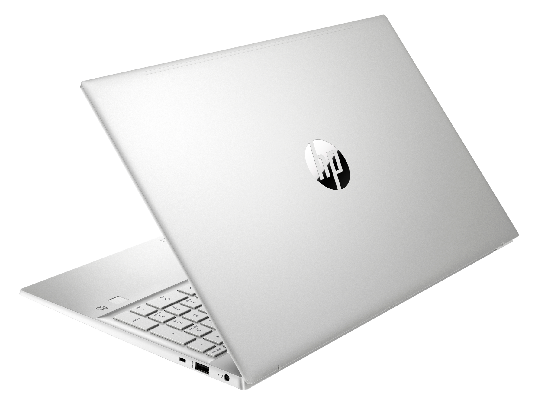 Srebrny laptop HP, otwarty. Widoczna klawiatura z czarnym ekranem. Logo HP na pokrywie.