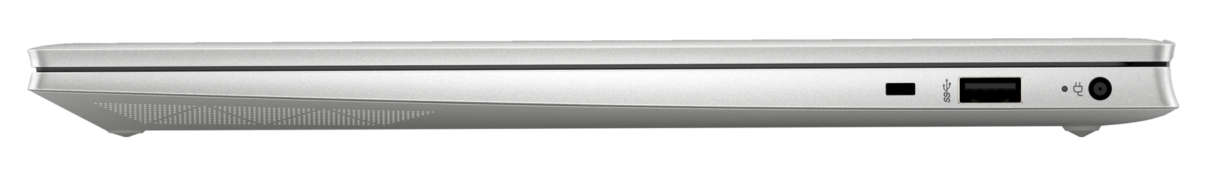 Widok z boku srebrnego laptopa na czarnym tle, pokazujący porty.