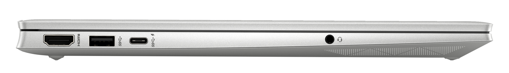 Widok z boku srebrnego laptopa. Pokazuje porty HDMI, USB, USB-C i gniazdo słuchawkowe.