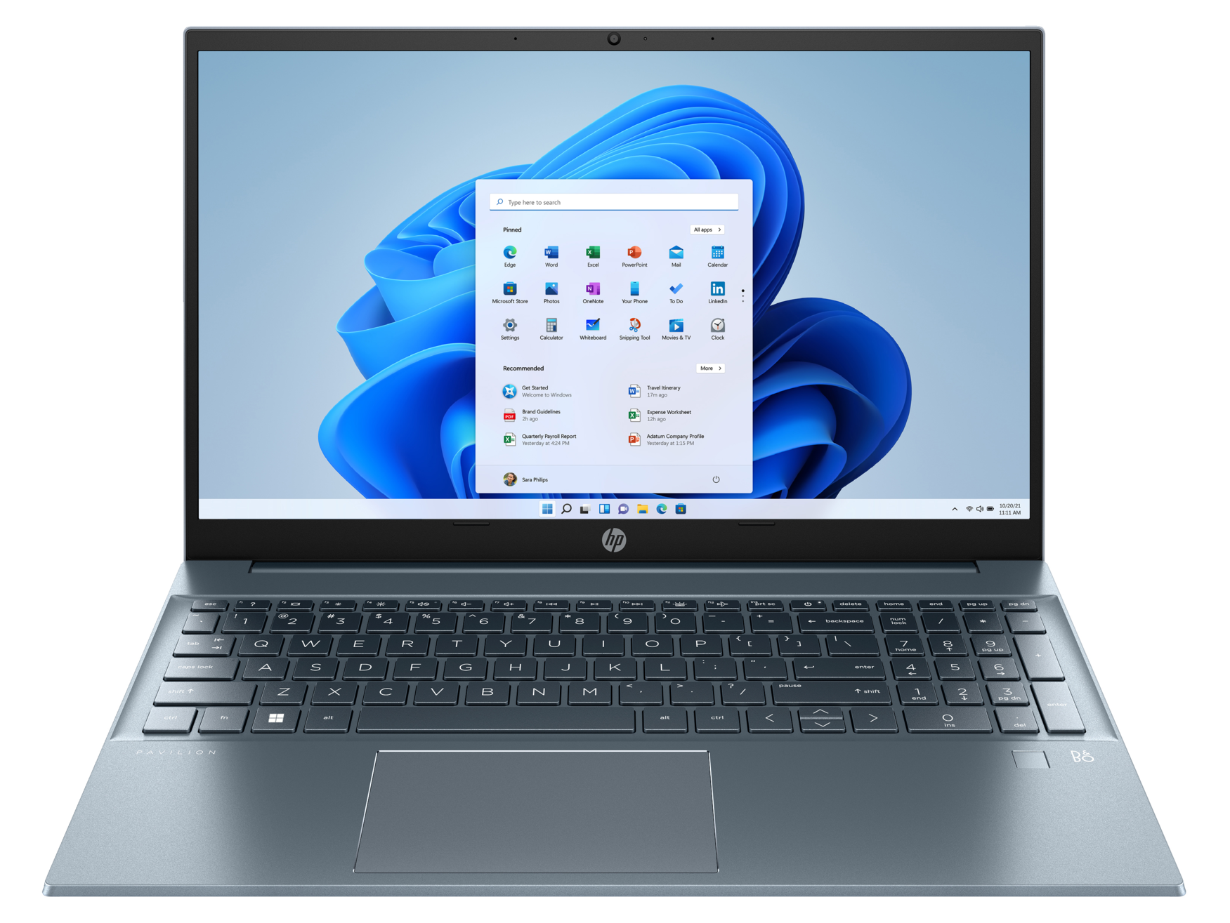 Otwarty laptop HP wyświetlający interfejs Windows 11.