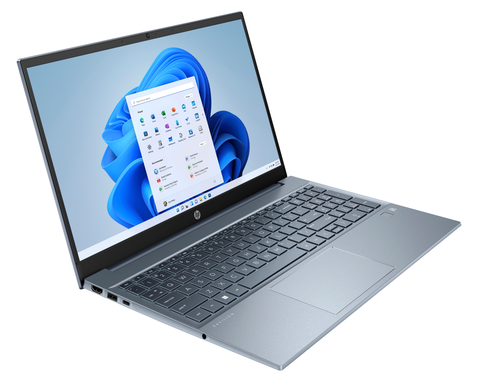 Srebrny i niebieski laptop, otwarty na biurku. Pokazuje interfejs Windows 11.