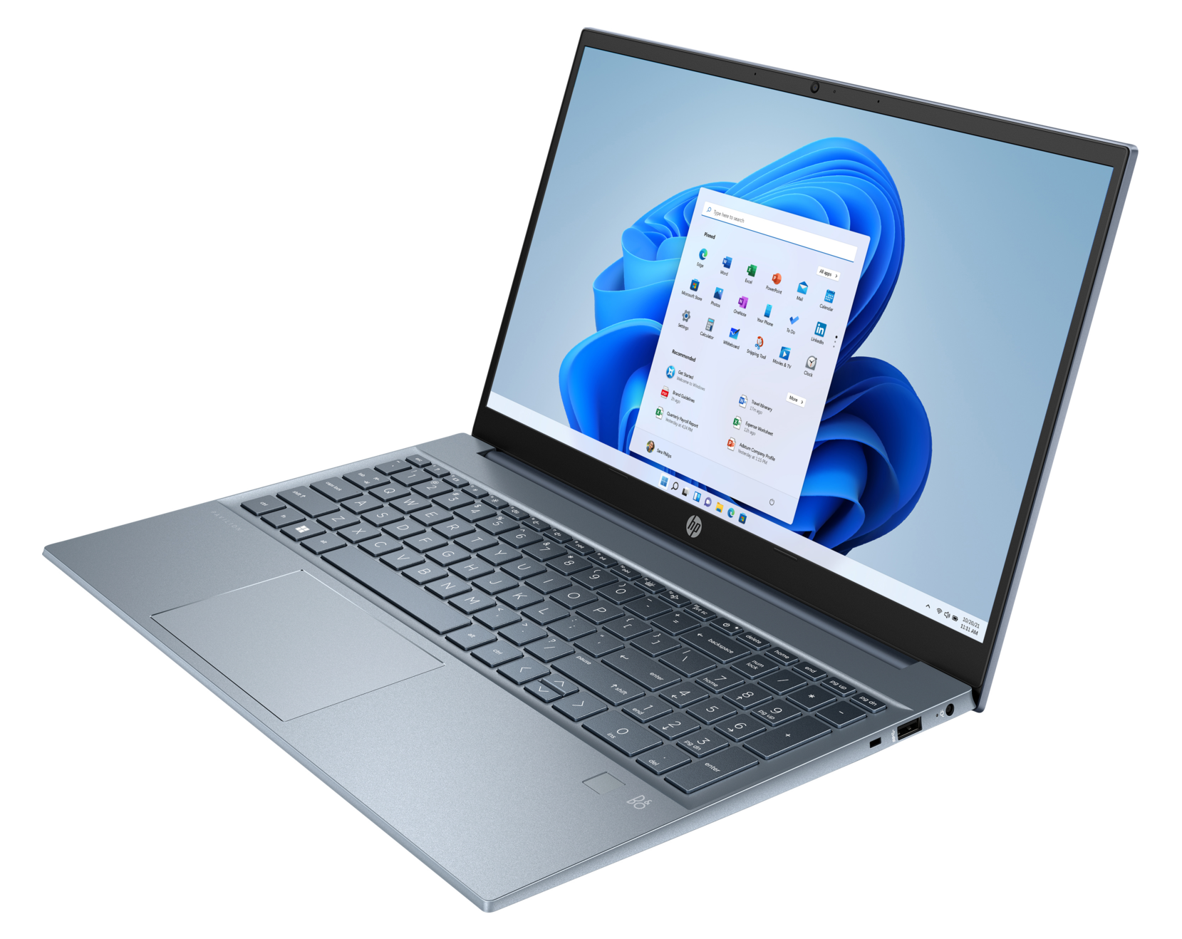 Niebieski laptop otwarty, wyświetlający ekran Windows 11, na białej powierzchni.