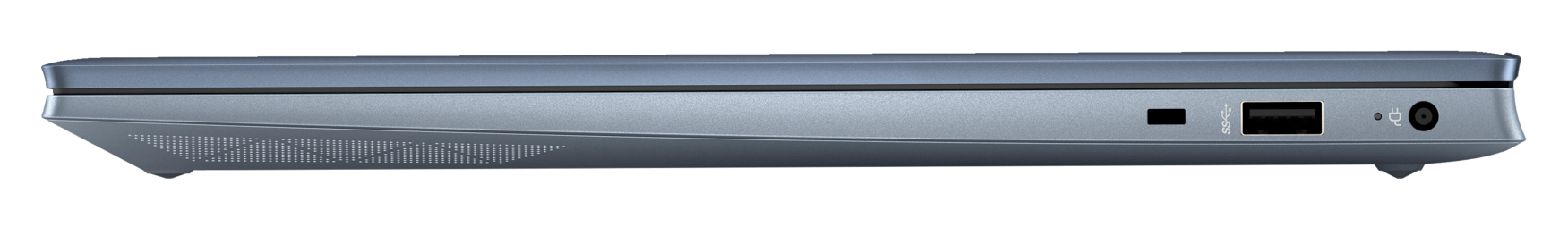 Widok z boku niebiesko-szarego laptopa. Porty: USB, zasilanie i ładowanie.