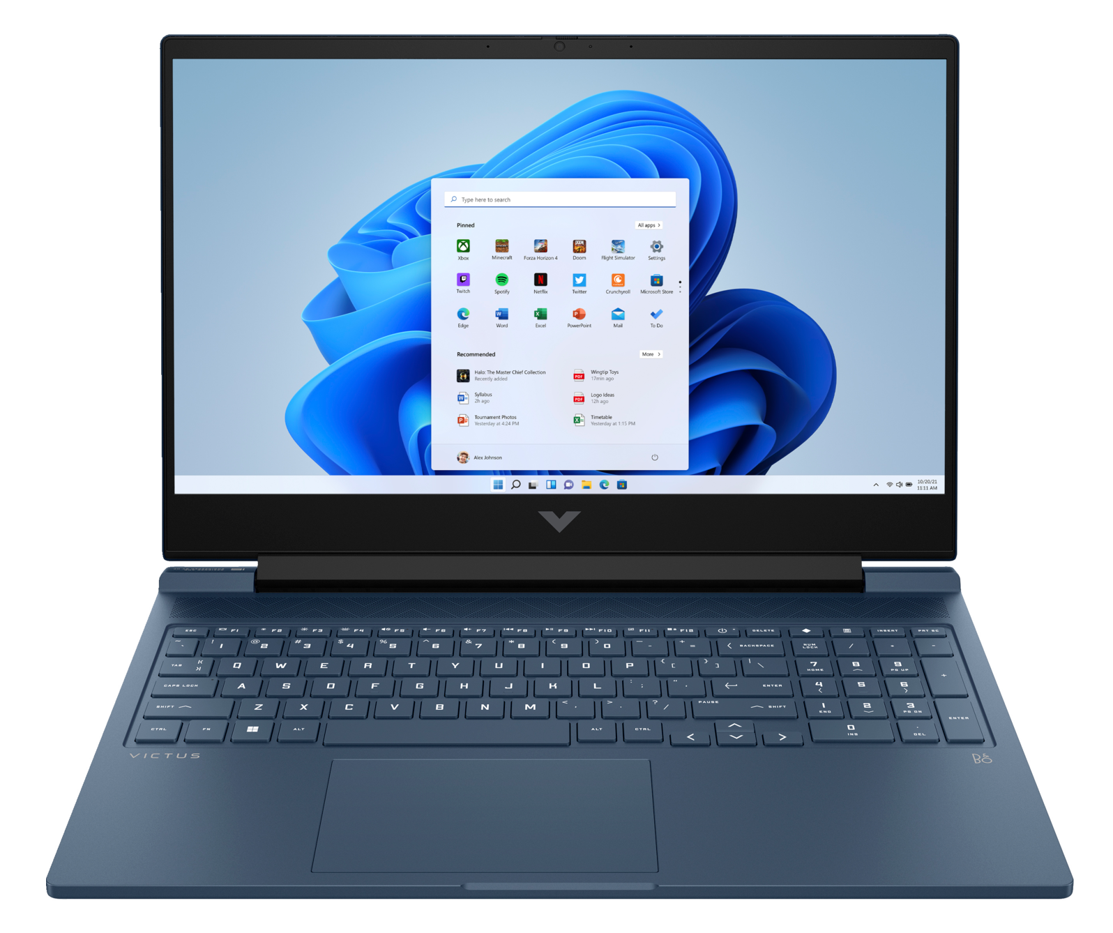 Otwarty niebieski laptop na czarnej powierzchni. Ekran wyświetla system Windows z różnymi ikonami aplikacji.