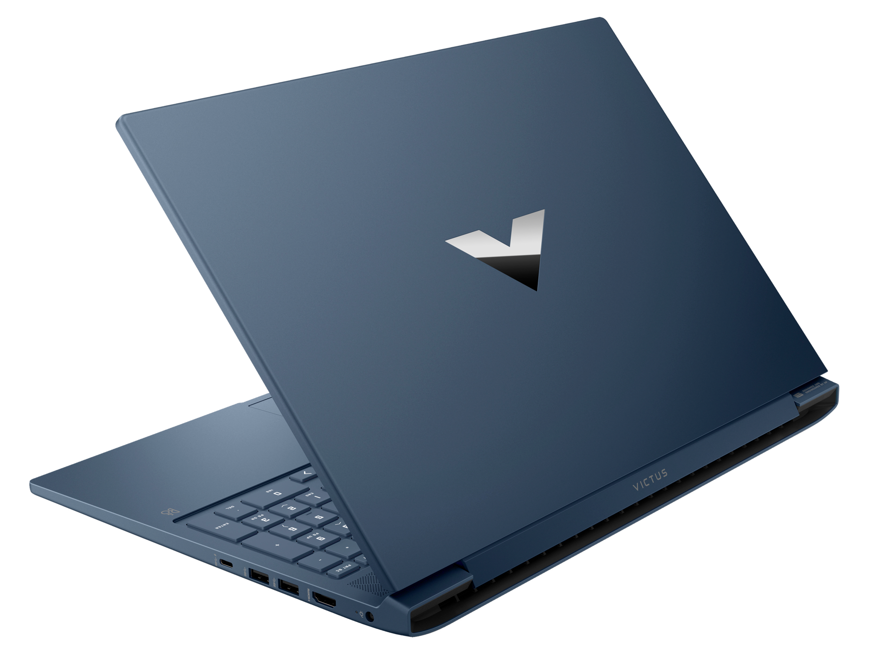 Ciemnoniebieski laptop, widok z tyłu pod kątem, z otwartym ekranem. Logo Victus z tyłu.