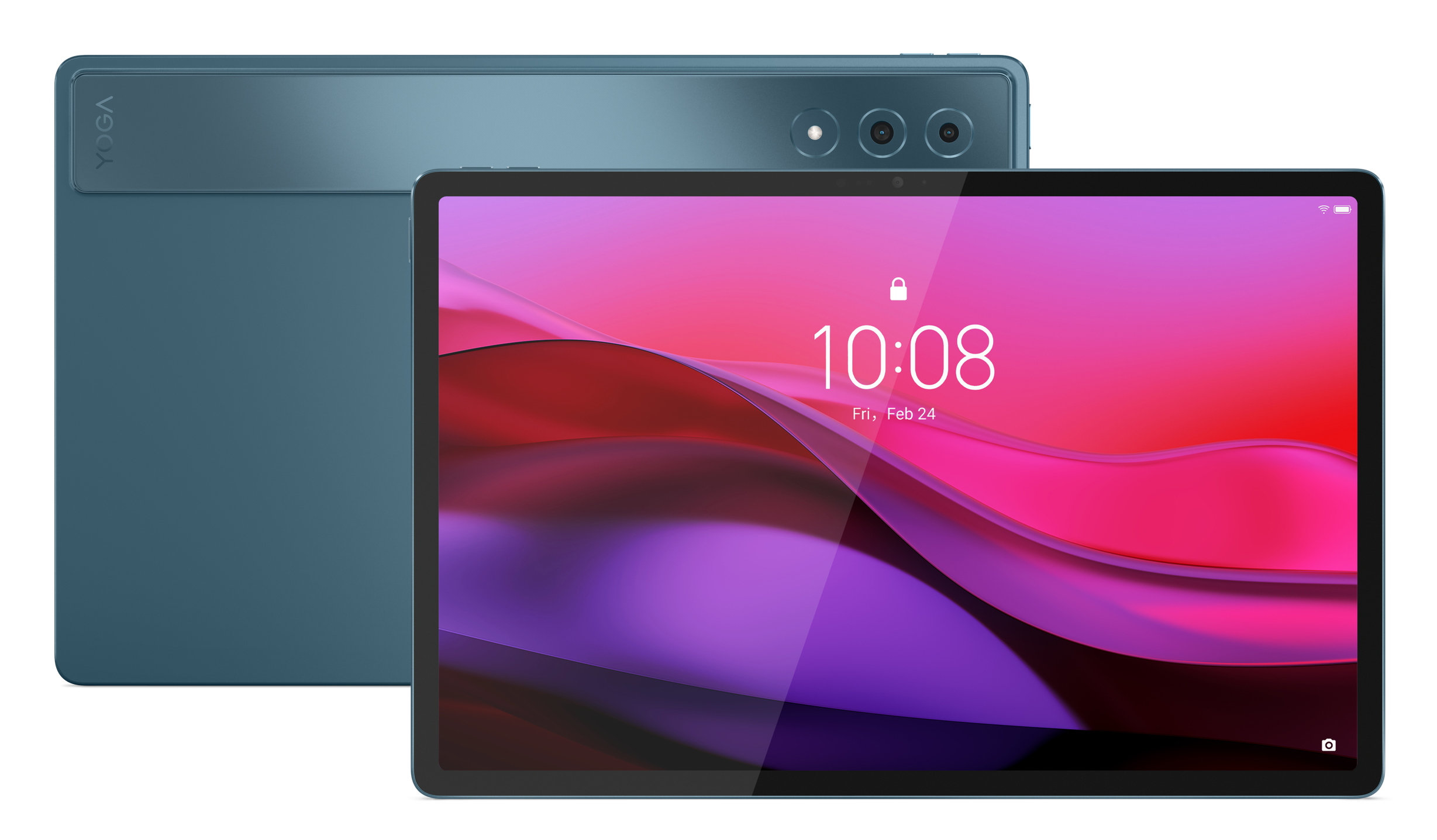 Niebieski tablet, widok z przodu i z tyłu. Przód pokazuje ekran z blokadą i godziną.