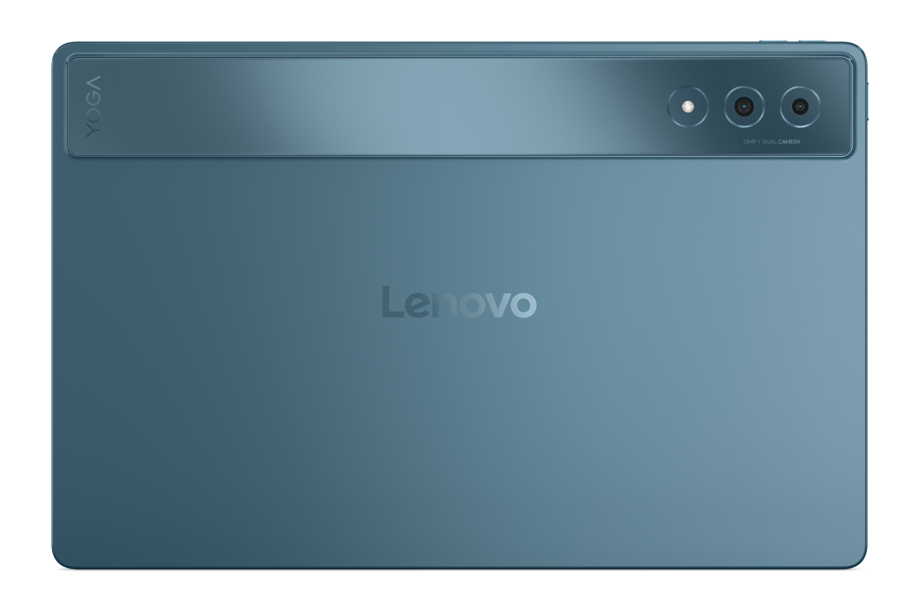 Widok z tyłu tabletu Lenovo, kolor morski. Posiada aparat i logo Lenovo.