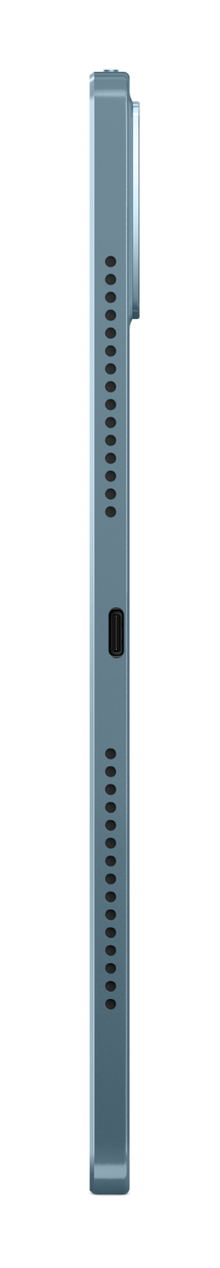 Widok z boku niebieskiego tabletu. Widoczne są otwory głośnikowe, port USB-C i przycisk.