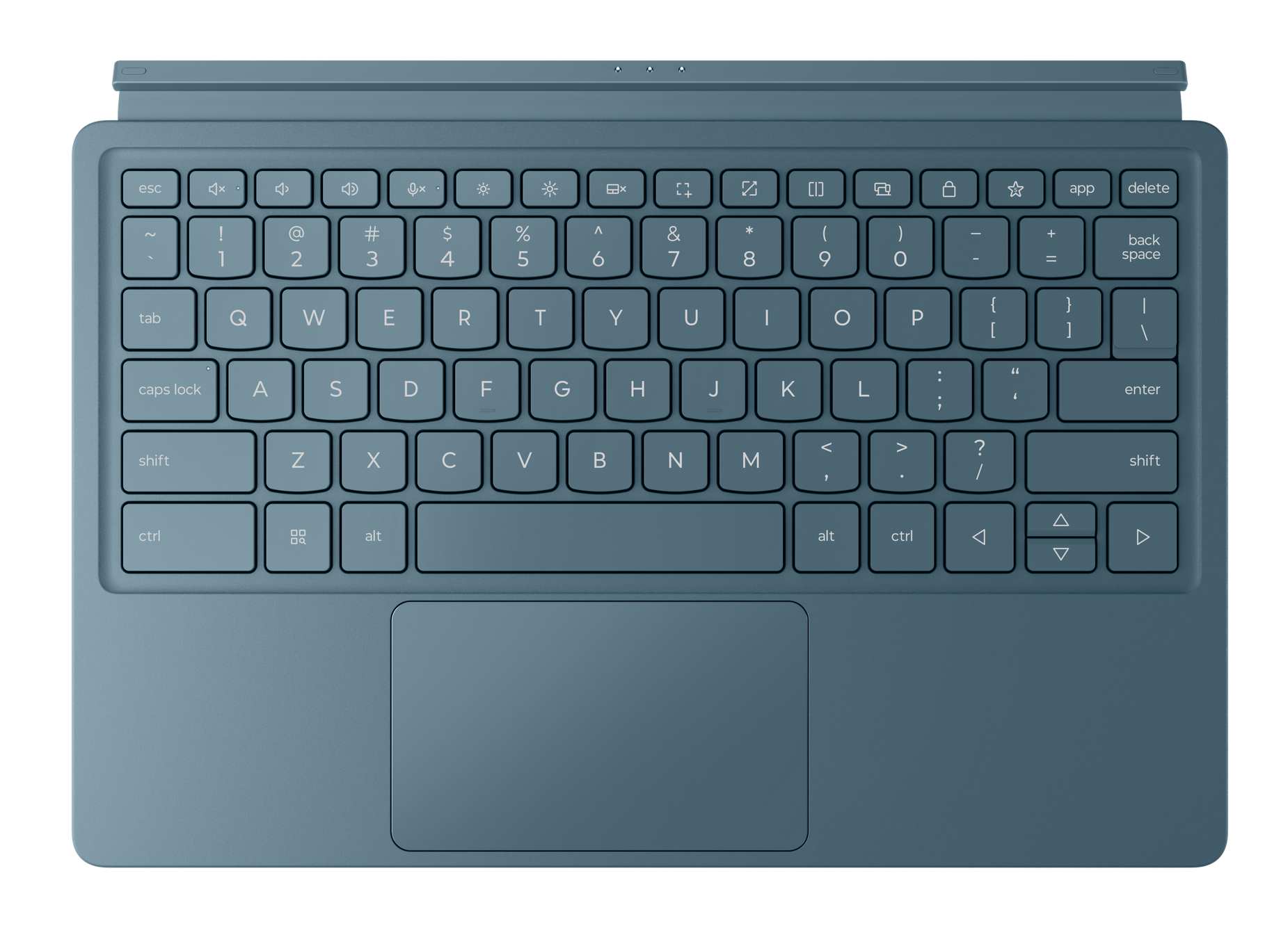 Widok z góry na turkusową klawiaturę z białymi klawiszami i panelem dotykowym, na czarnym tle.