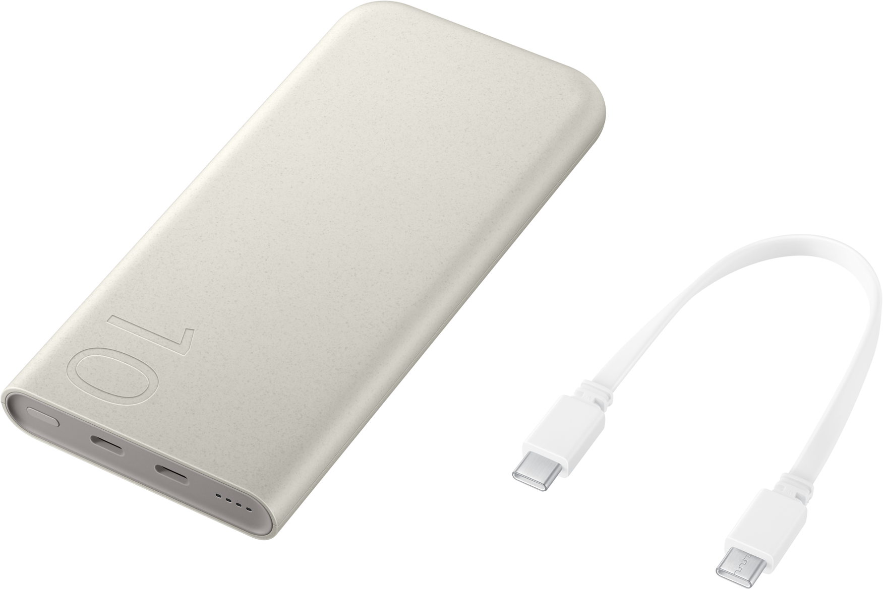 Batterie externe crème avec un câble USB-C blanc à côté, sur fond blanc. Le chiffre 10 est visible.