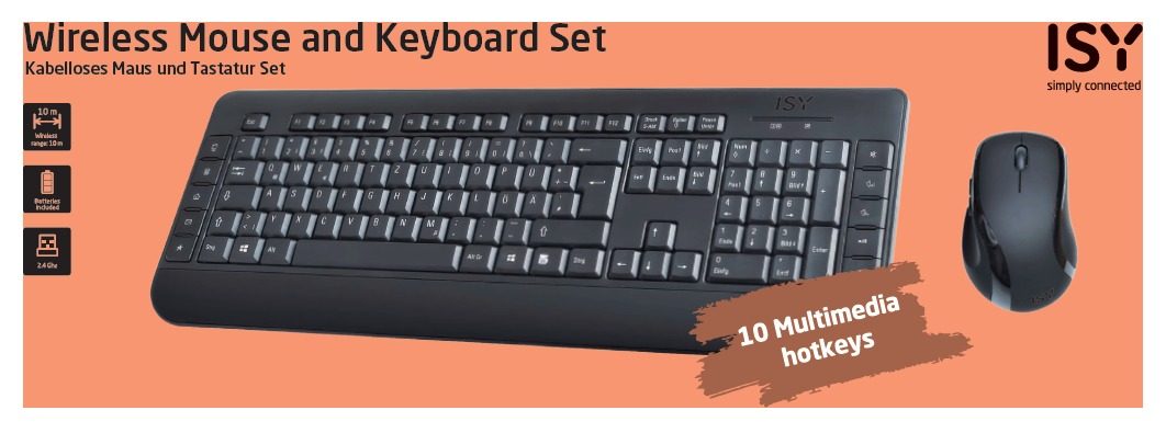 Schwarzes Tastatur- und Maus-Set. Oranger Hintergrund mit weißem und schwarzem Text.