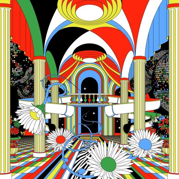 Eine farbenfrohe, psychedelische Illustration einer Halle mit Säulen, Blumen und einem Balkon mit einer Discokugel.