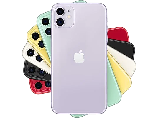 Mor, sarı, kırmızı ve yeşil renkli iPhone'lardan oluşan bir grup, daire şeklinde düzenlenmiş.