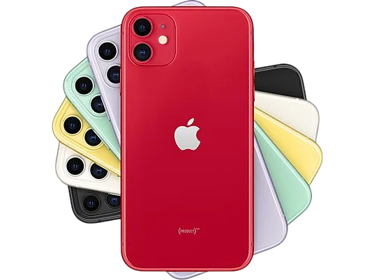 Apple logolu kırmızı bir iPhone 11, çeşitli renklerdeki telefonlarla çevrili.
