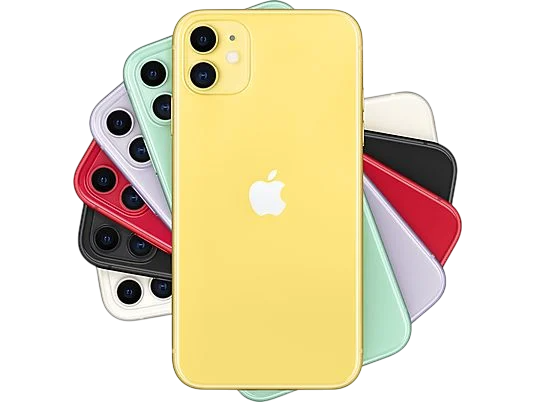 Çember şeklinde düzenlenmiş çok sayıda renkli iPhone. Ortada sarı iPhone, etrafında yeşil, kırmızı ve beyaz.