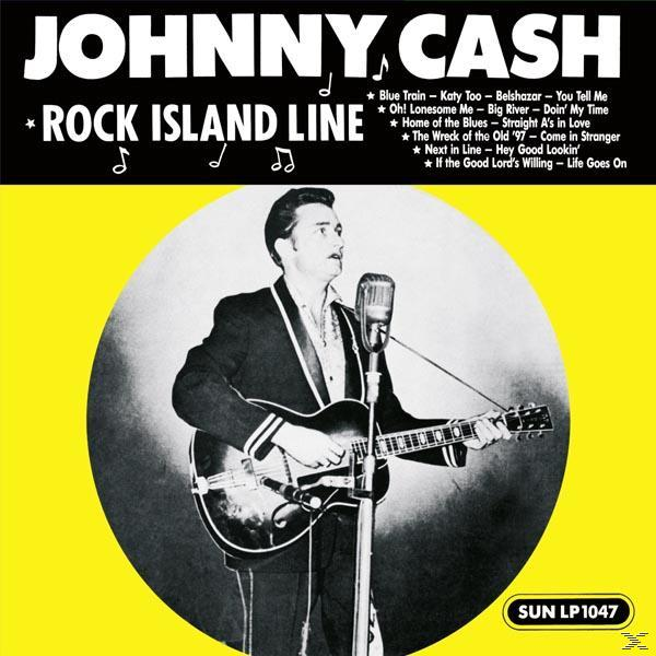 Johnny Cash Albumcover, Johnny mit Gitarre, gelber Hintergrund, schwarzer Text.