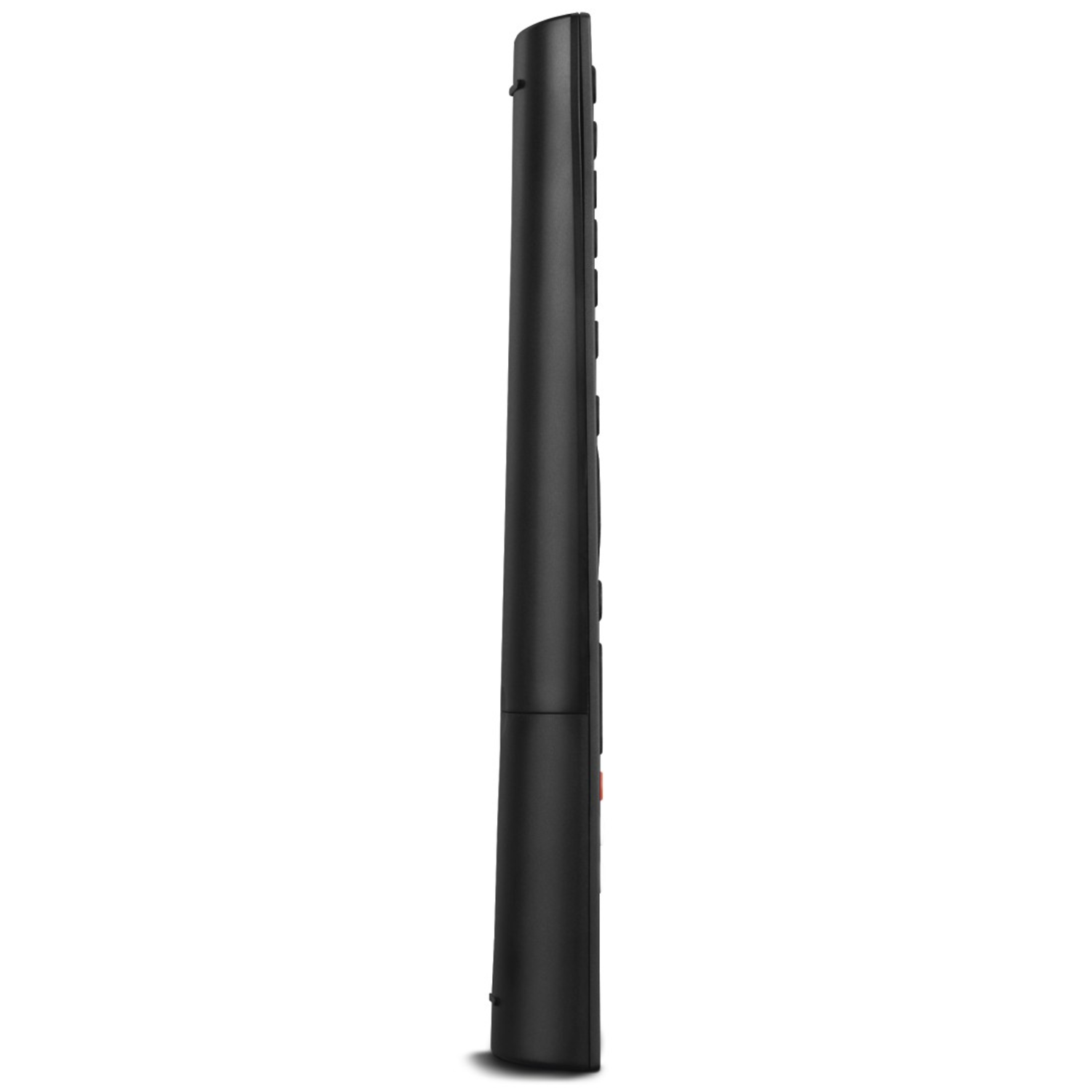 A black remote control, seen from the side.