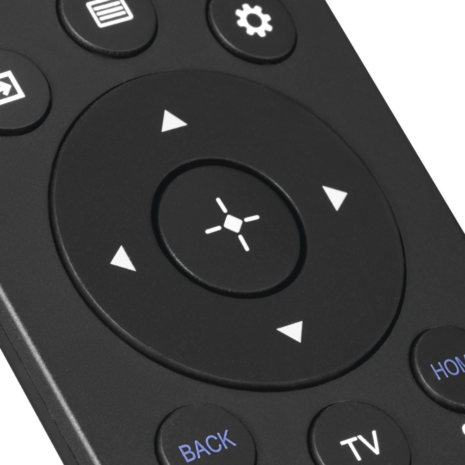 Close-up of a black remote control with buttons and directional pad.
