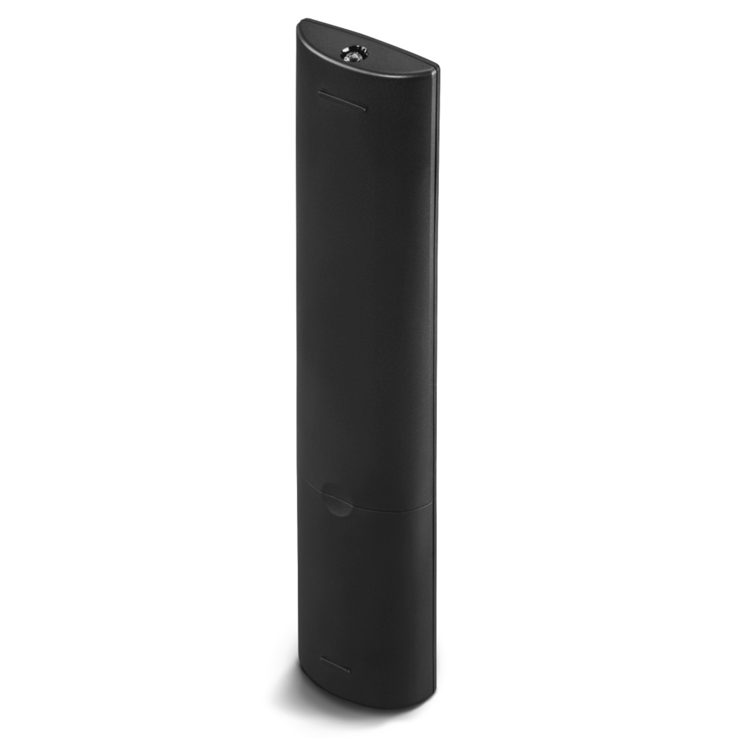 Black remote control on a white background, showing the back side.