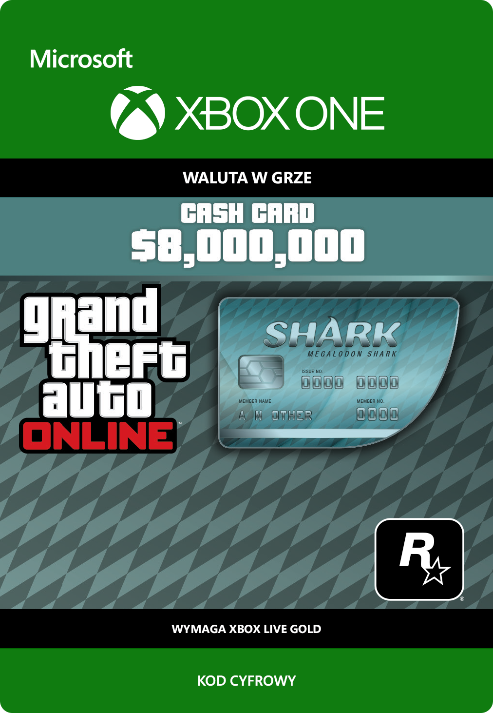 Karta podarunkowa Xbox One do Grand Theft Auto Online. Posiada grafikę karty rekina o wartości 8 000 000 USD.