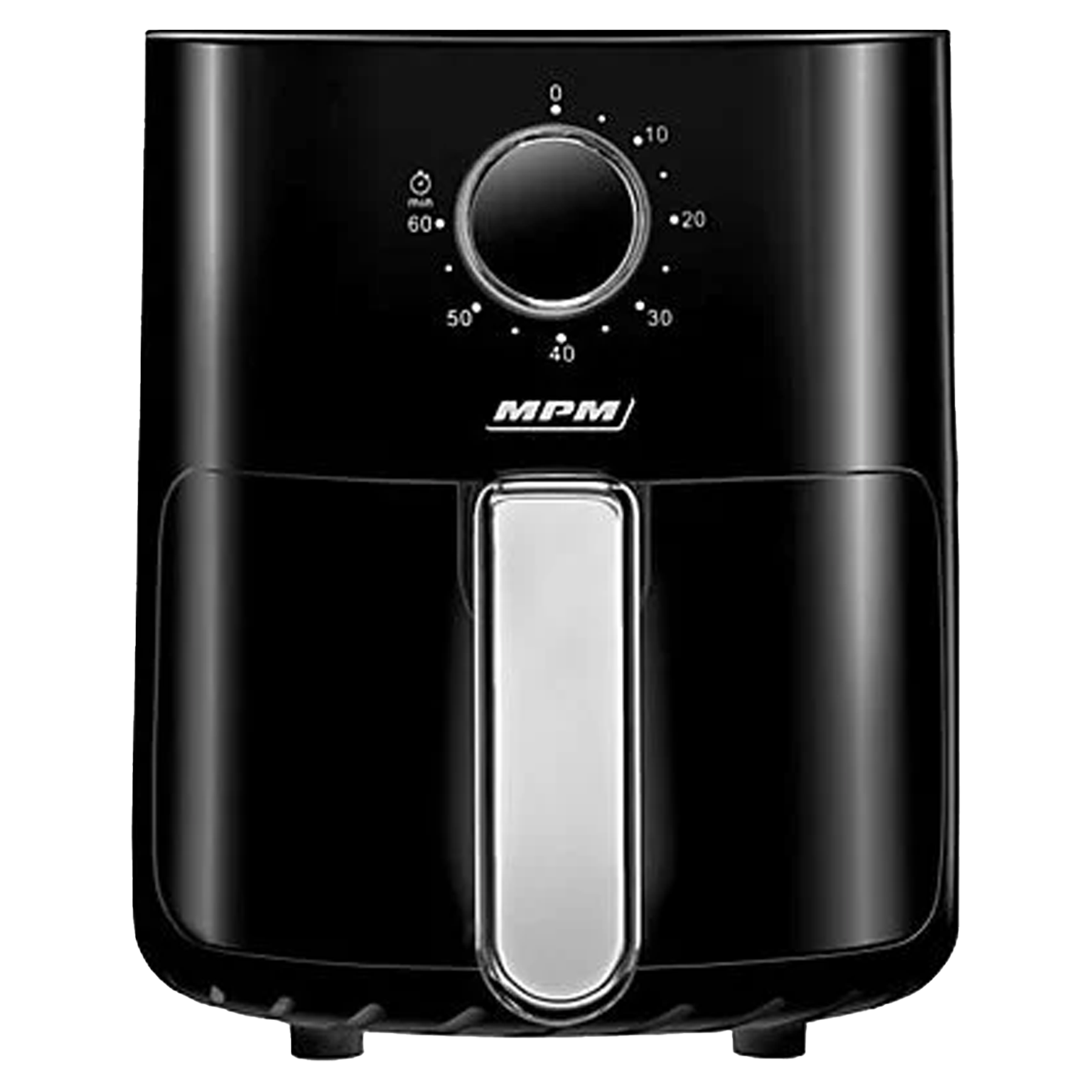 Czarna frytkownica beztłuszczowa, ze srebrnym uchwytem i pokrętłem. Pokazuje ustawienia czasu i panel sterowania.