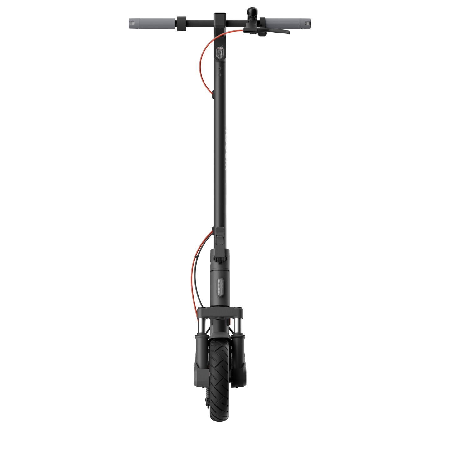 Een zwarte elektrische scooter met een recht stuur en een oranje kabel.