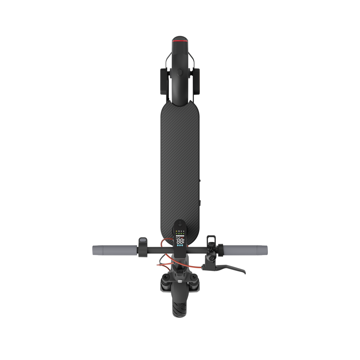 Een bovenaanzicht van een elektrische scooter, geïsoleerd op een zwarte achtergrond.