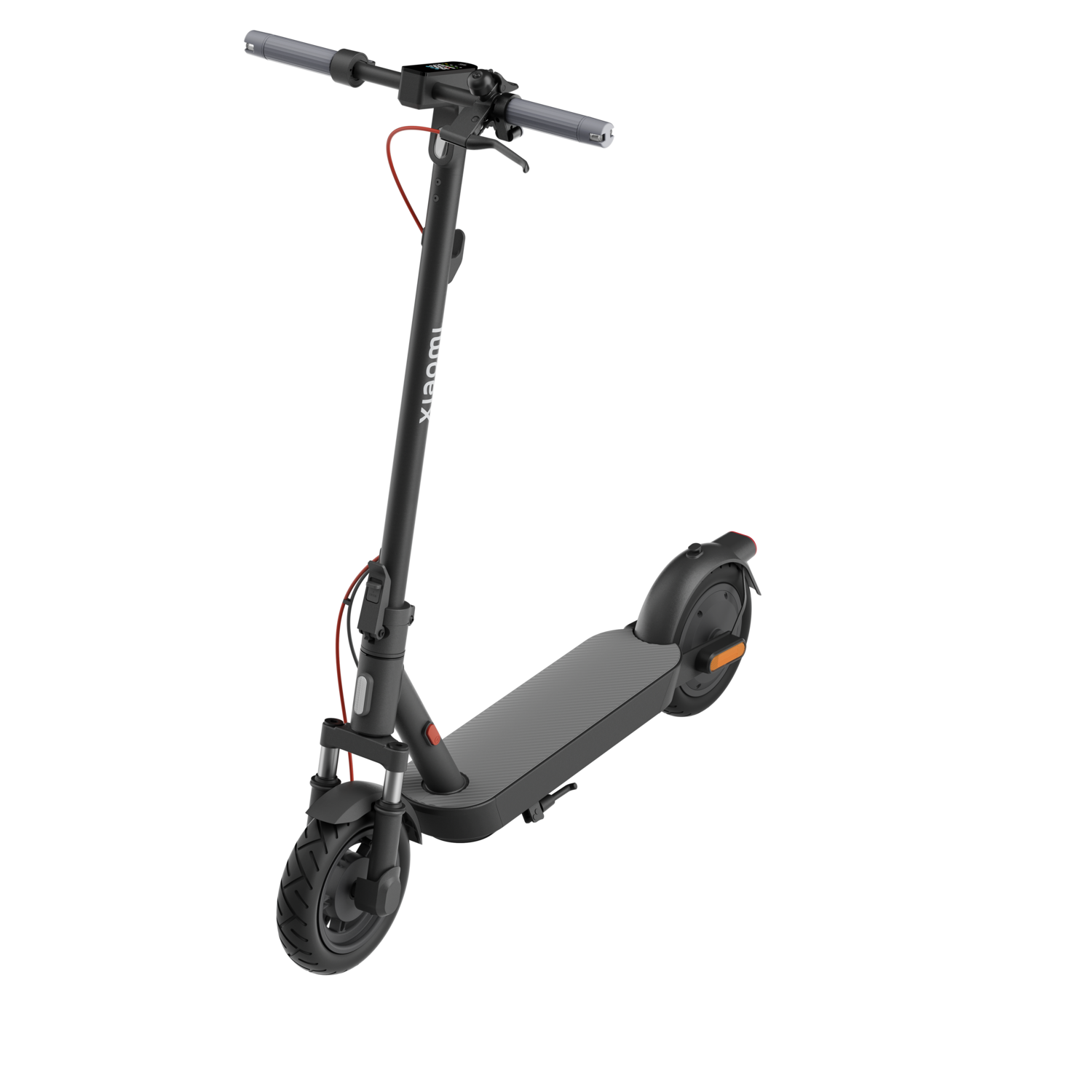 Een zwarte Xiaomi elektrische scooter op een zwart oppervlak.