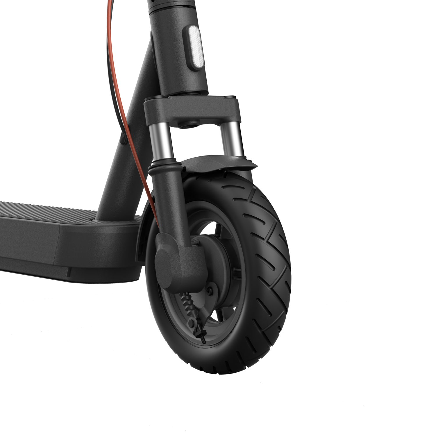 Vooraanzicht van een zwarte scooterwiel met band.