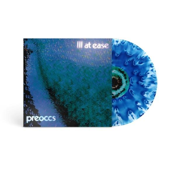 Vinyle et pochette de Preoccupations 'Ill at Ease', design abstrait bleu et noir.