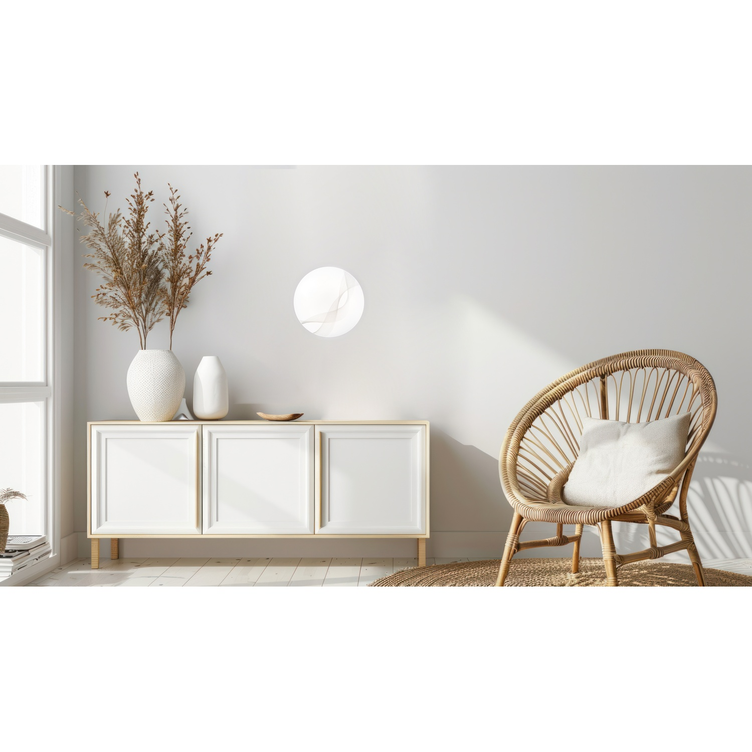 Scena d'interni con un mobile bianco, vasi e una sedia intrecciata. Un apparecchio di illuminazione rotondo sulla parete.