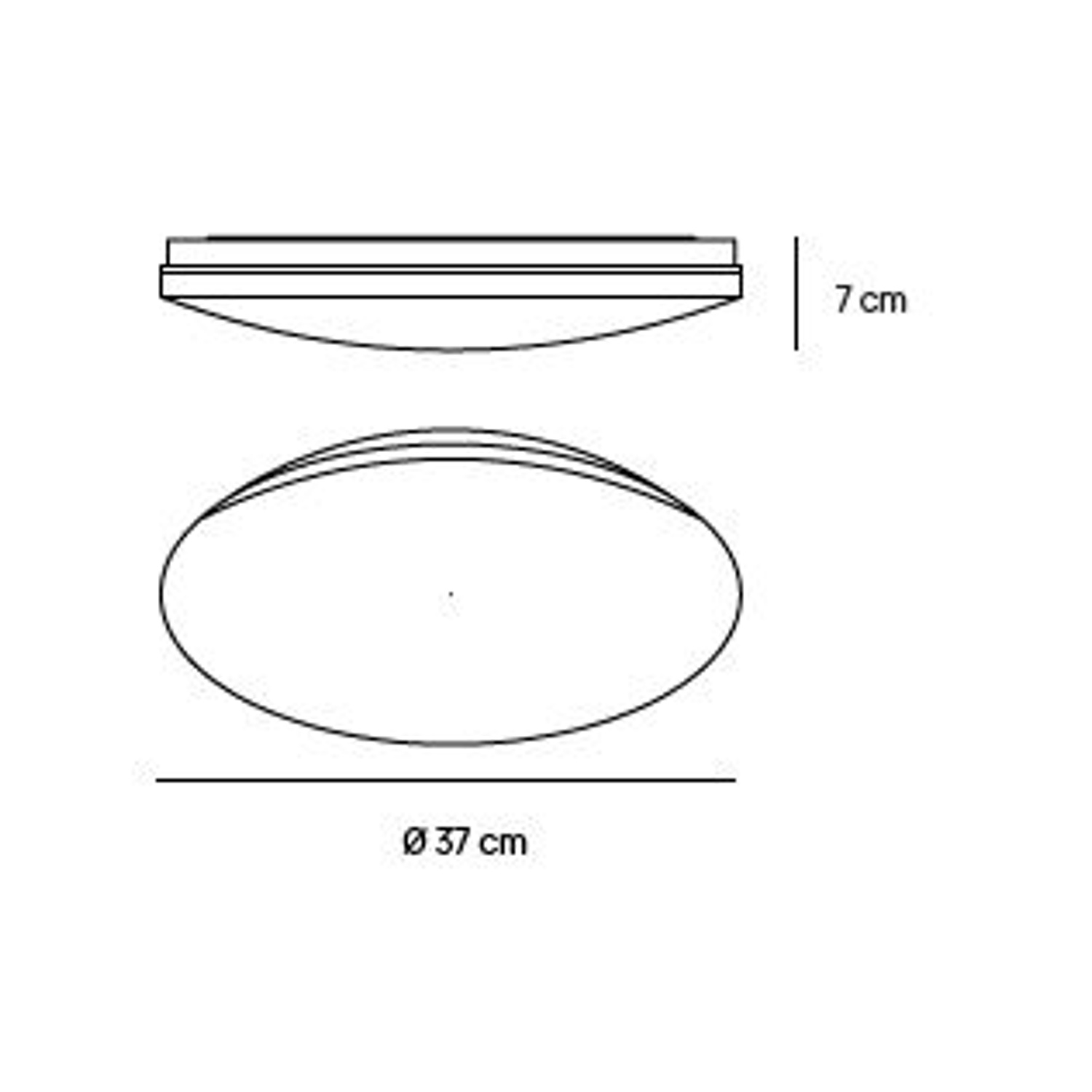 Disegno a tratto di una plafoniera. Mostra viste dall'alto e laterali con dimensioni.
