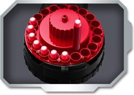 Red and black device with multiple compartments and white lights.
