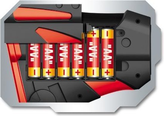 Compartment shows six AA batteries inside a red-accented black device.