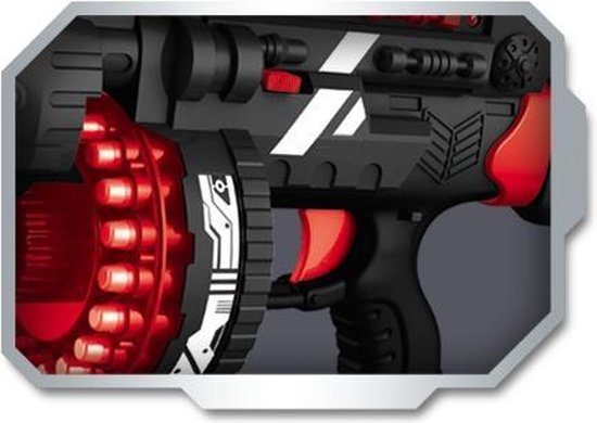 Black and red toy gun with white accents in a silver frame.