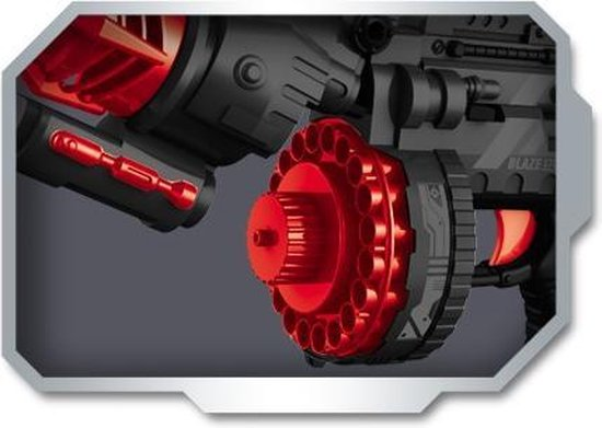 Close-up of a black and red toy gun with a red rotating cylinder on a dark gray background.