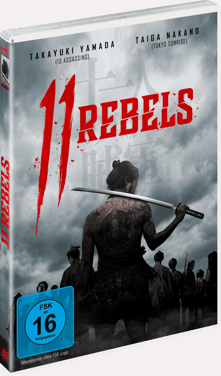 DVD-Cover mit dem Titel '11 Rebels'. Zeigt einen Mann mit Tattoos, der ein Schwert hält, und andere Leute.
