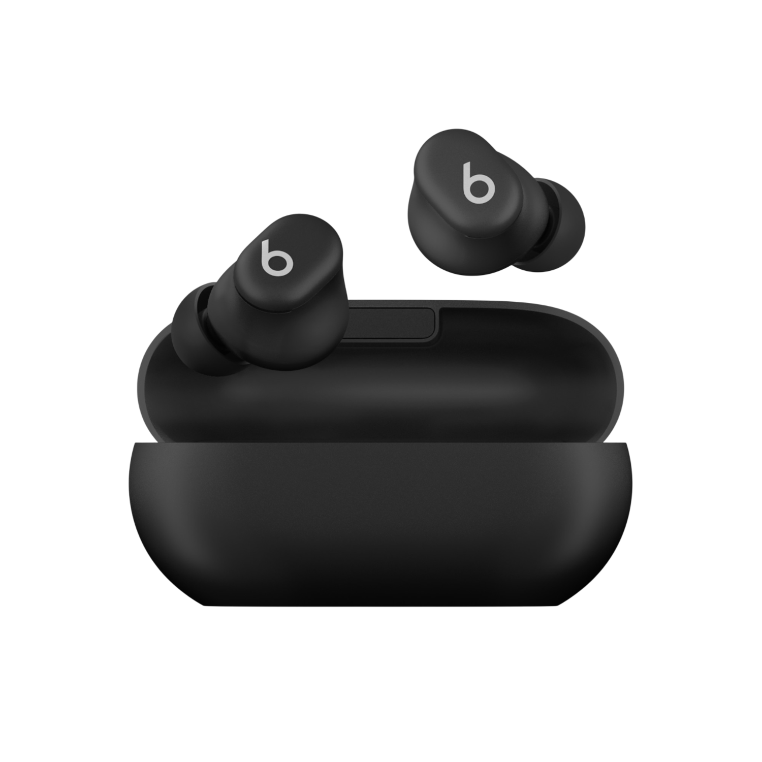 Écouteurs Beats Studio Buds noirs avec étui de chargement. Fond noir.