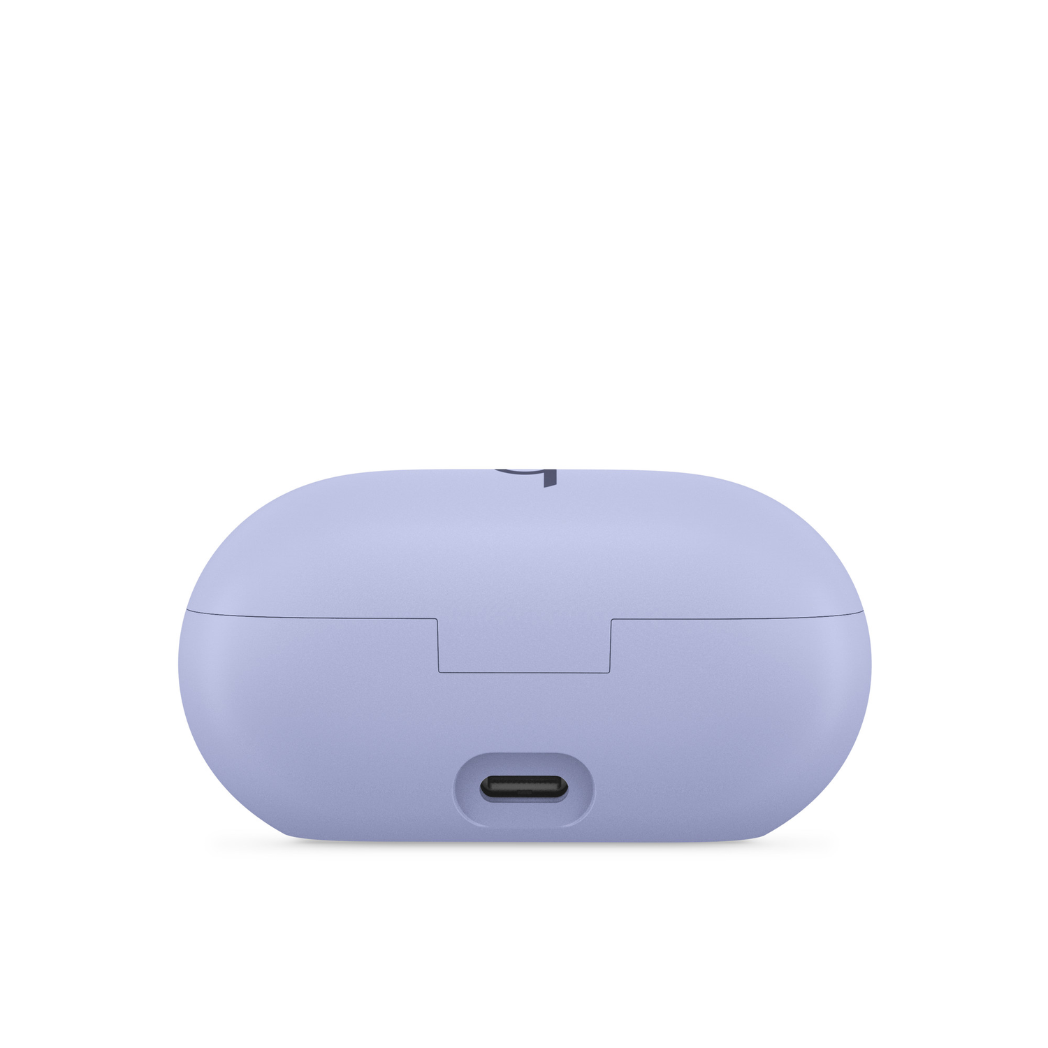 Lichtpaarse oordopjes oplaadcase. De case is ovaal en heeft een USB-C-poort. De bovenkant heeft een logo.