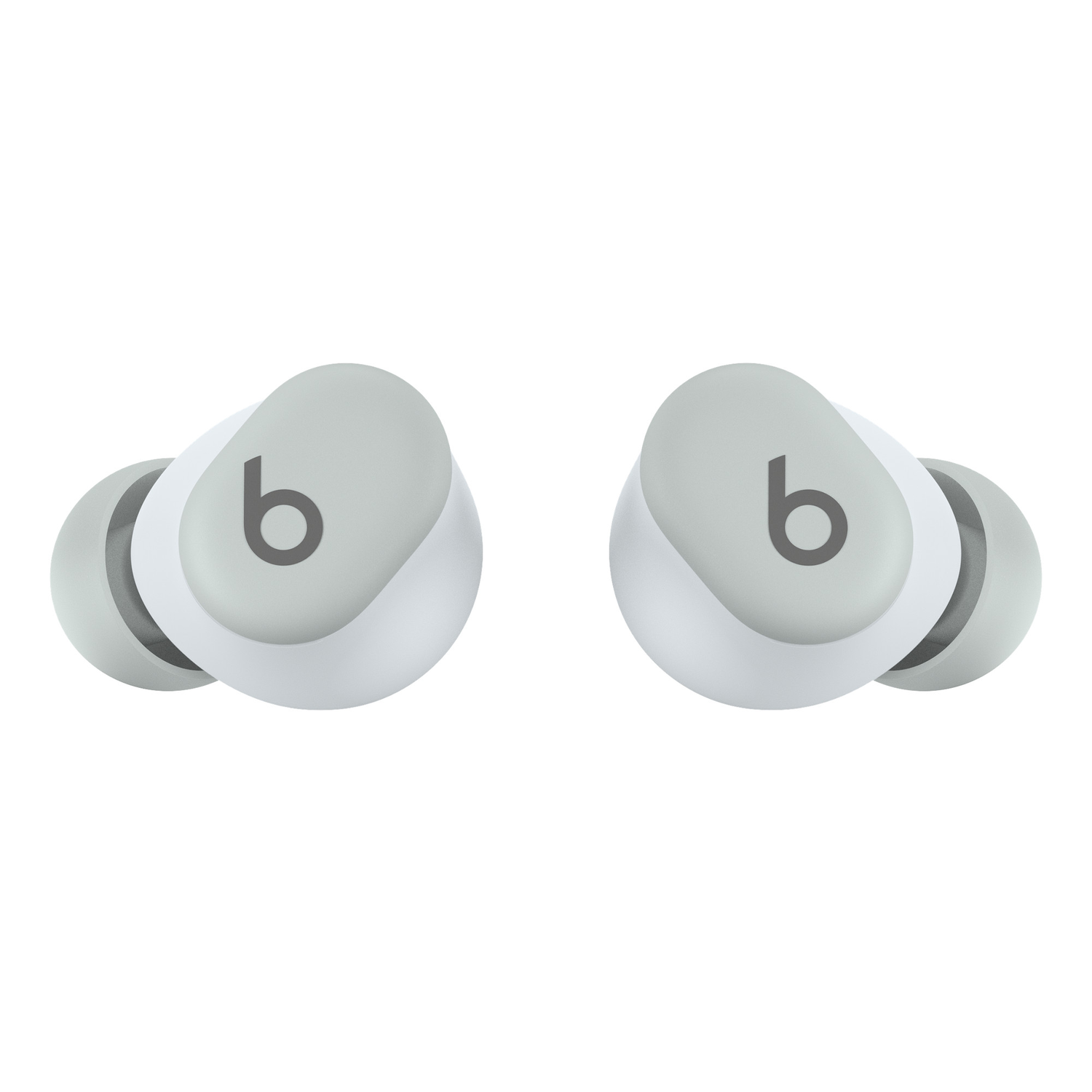 Twee witte en grijze oordopjes, met het Beats-logo.