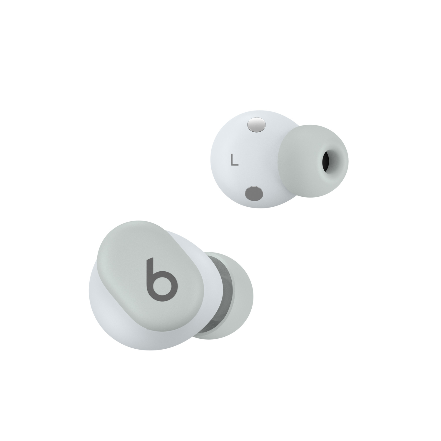 Twee witte en grijze Beats oortelefoons, één met het 'L' teken.