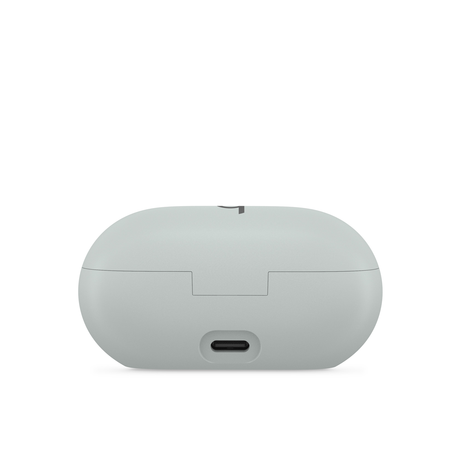 Een lichtgrijze oplaadcase voor oordopjes met een USB-C-poort.