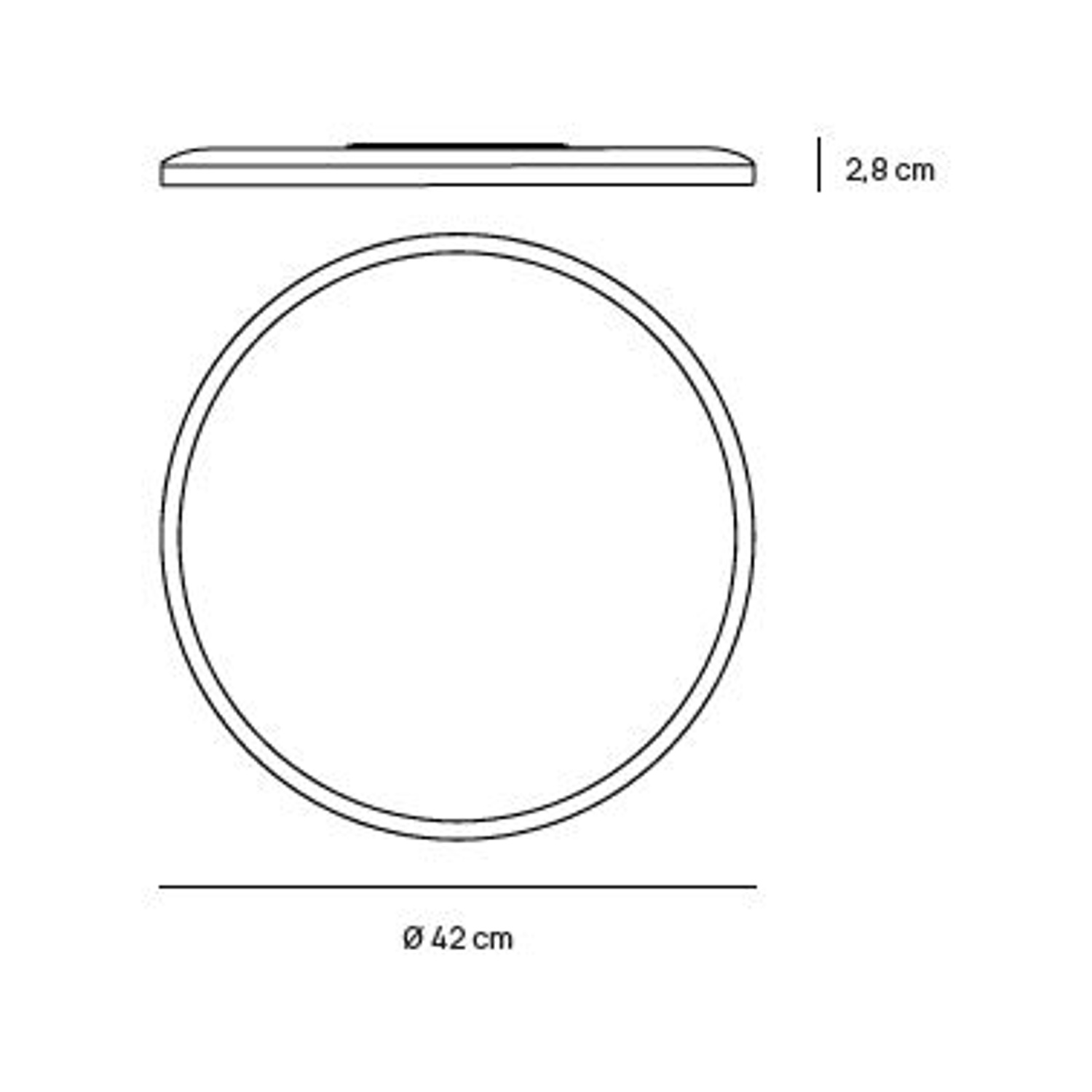 Diagramma di un apparecchio di illuminazione a LED circolare, che mostra le dimensioni: 42 cm di diametro, 2,8 cm di spessore.