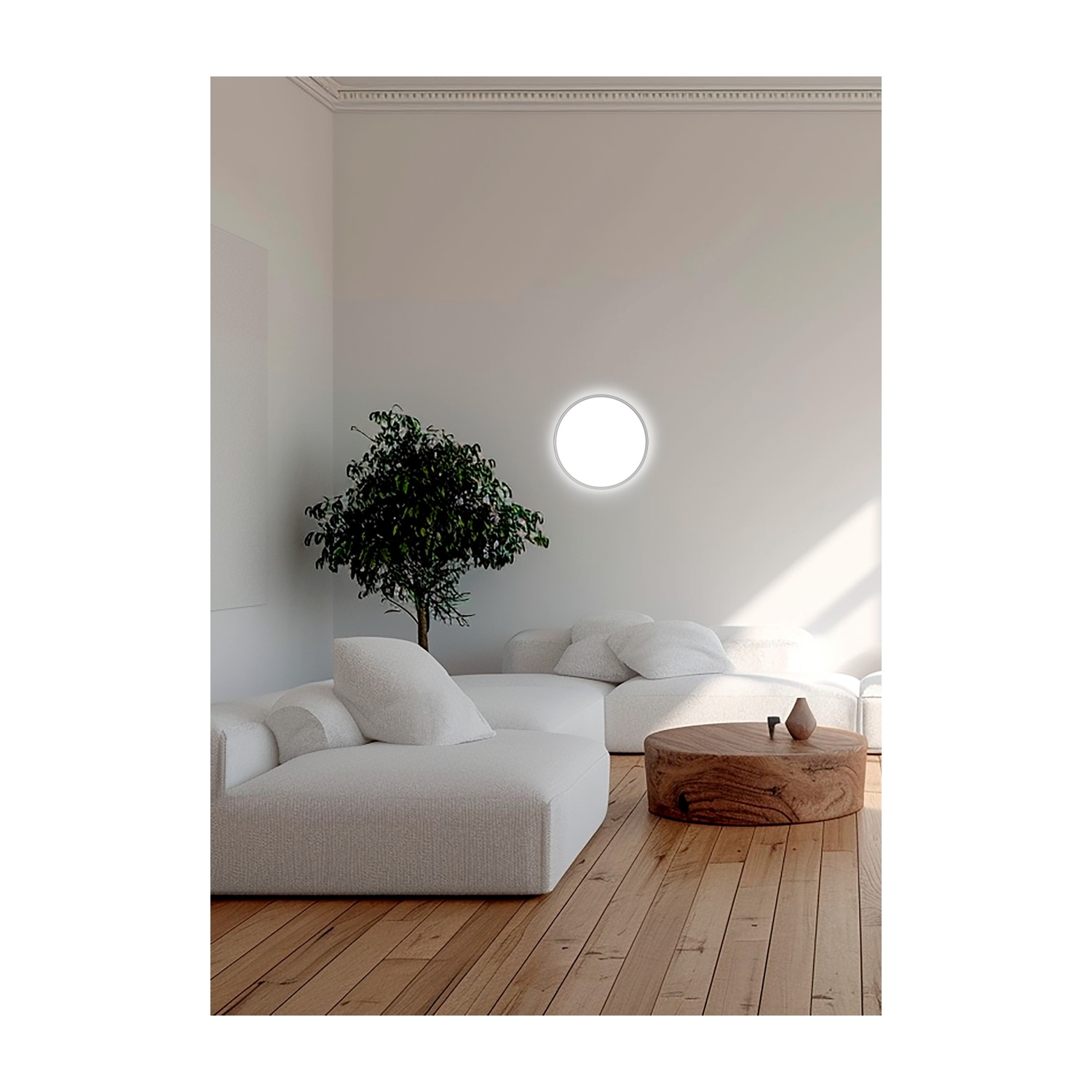 Soggiorno moderno con divano bianco, tavolino in legno e lampada da soffitto rotonda.