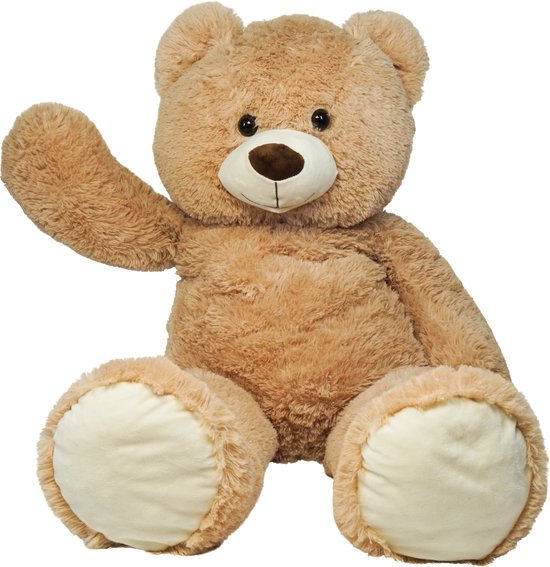 Een bruine teddybeer die zit en met zijn rechterarm zwaait, tegen een witte achtergrond.
