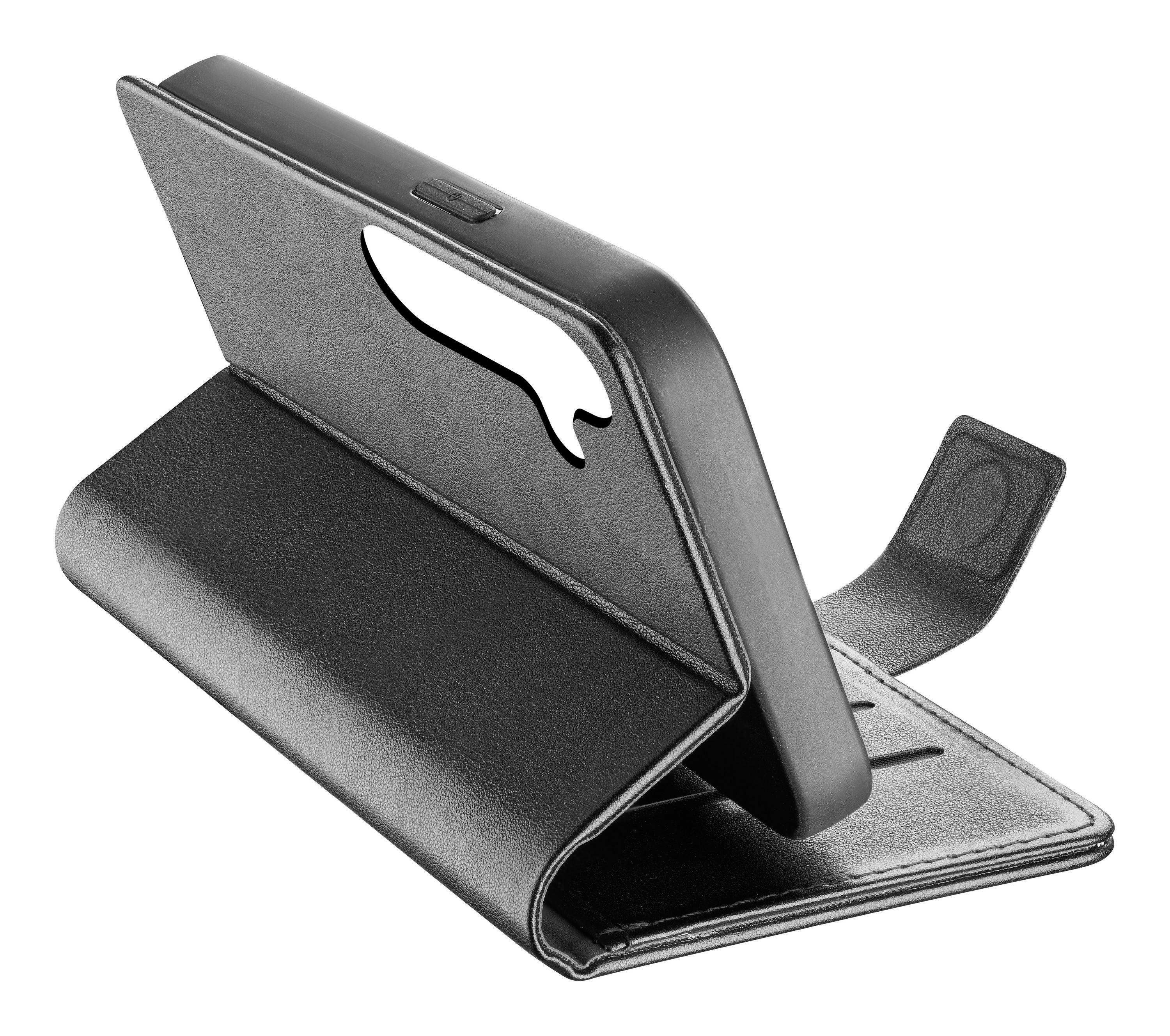 Schwarzes Handycase, geöffnet, um den Telefonhalter und Kartenfächer zu zeigen.