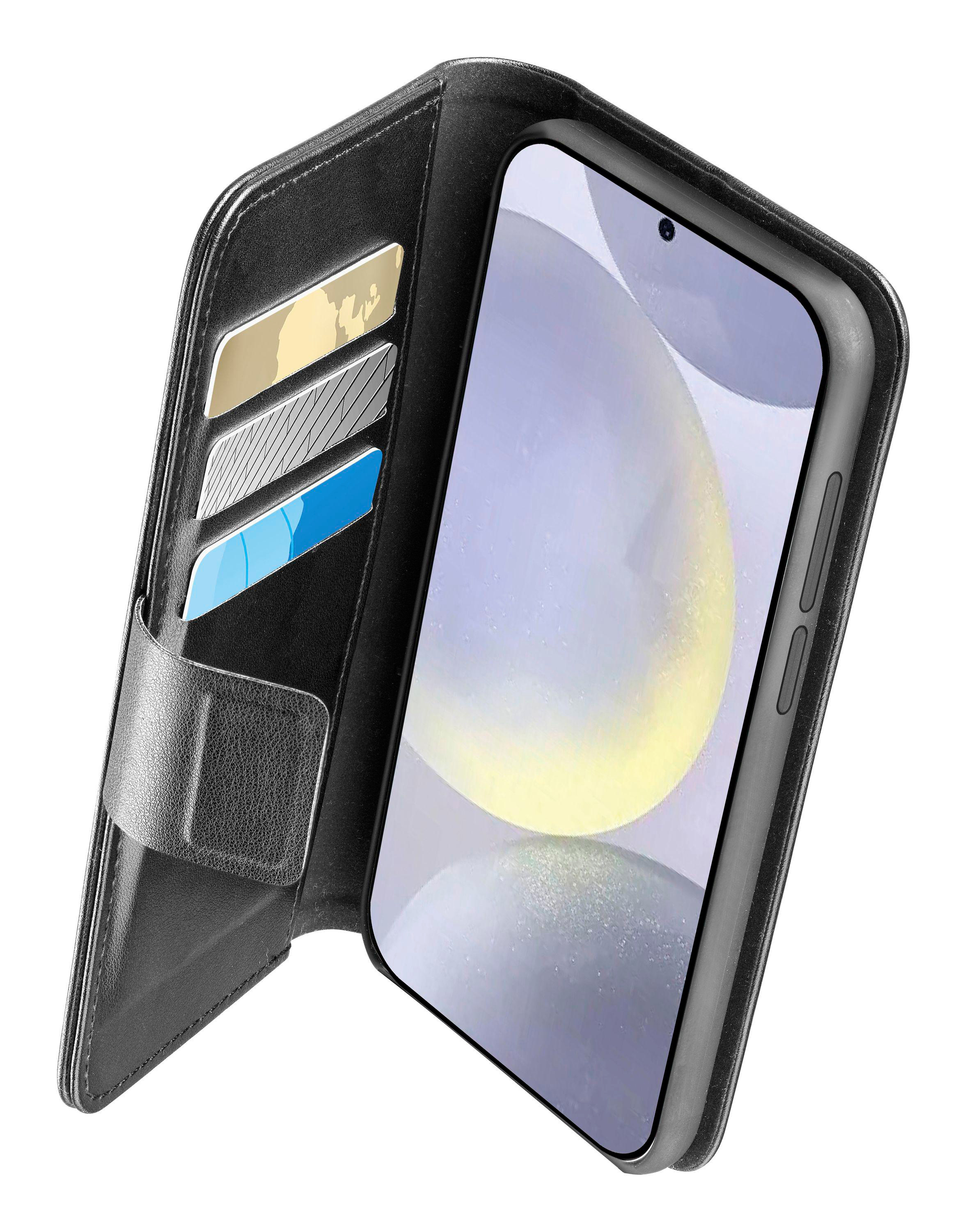 Schwarze Handyhülle mit Karten und Telefon, offen, auf weißer Oberfläche.