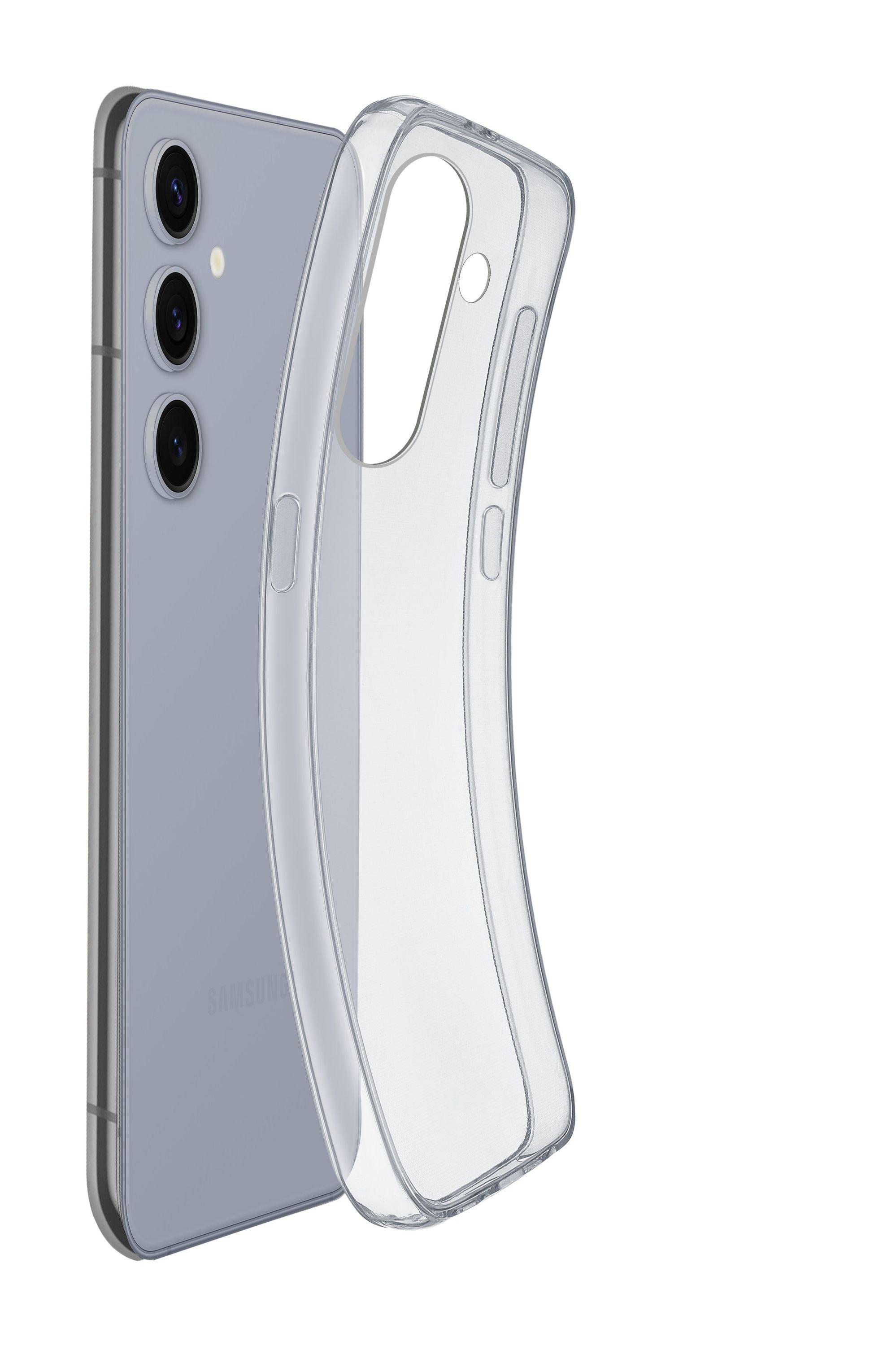 Transparente Handyhülle auf einem grauen Telefon. Samsung-Logo sichtbar.