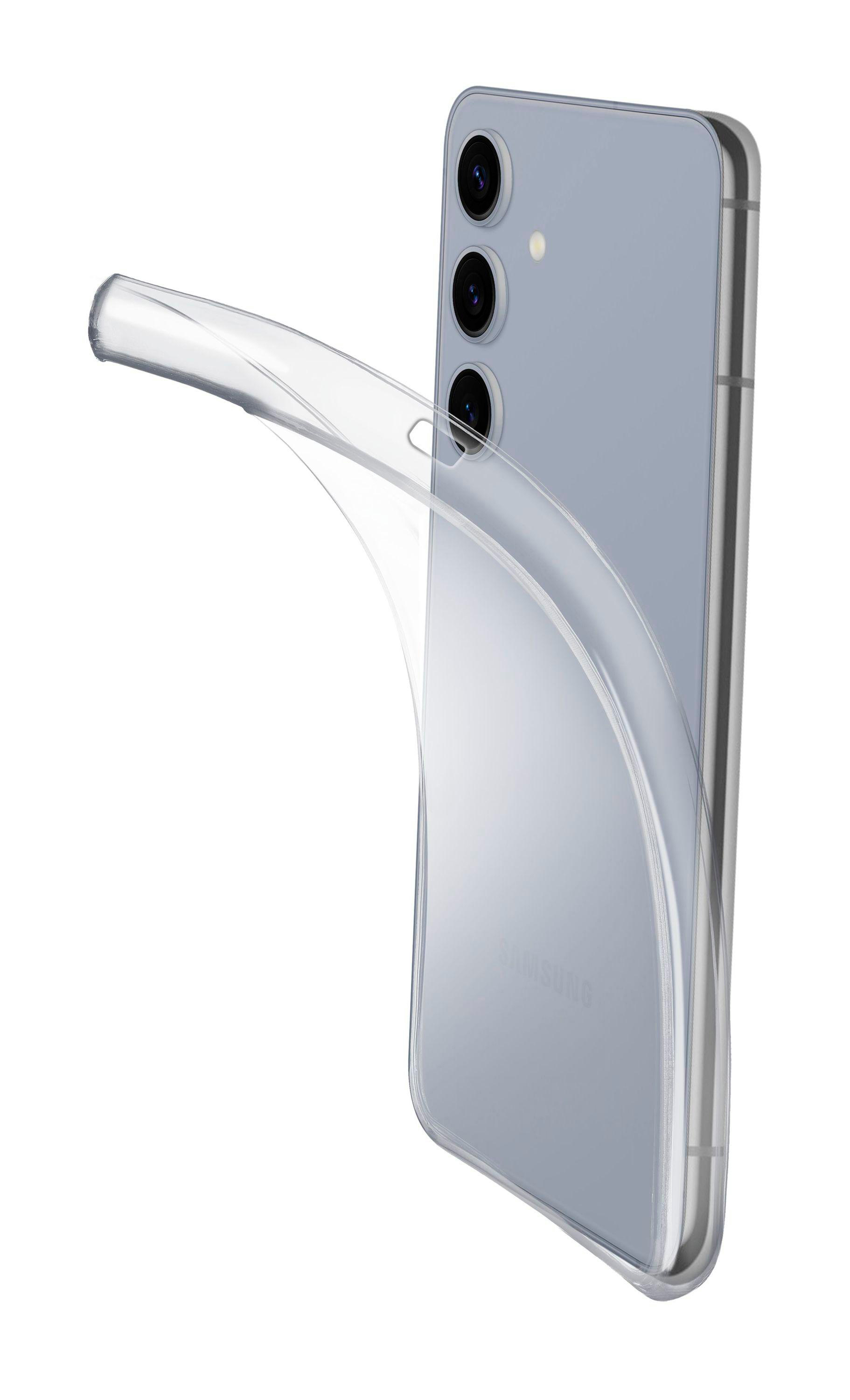 Transparente Handyhülle auf einem blauen Samsung Handy. Die Hülle ist gebogen, Kameras sichtbar.