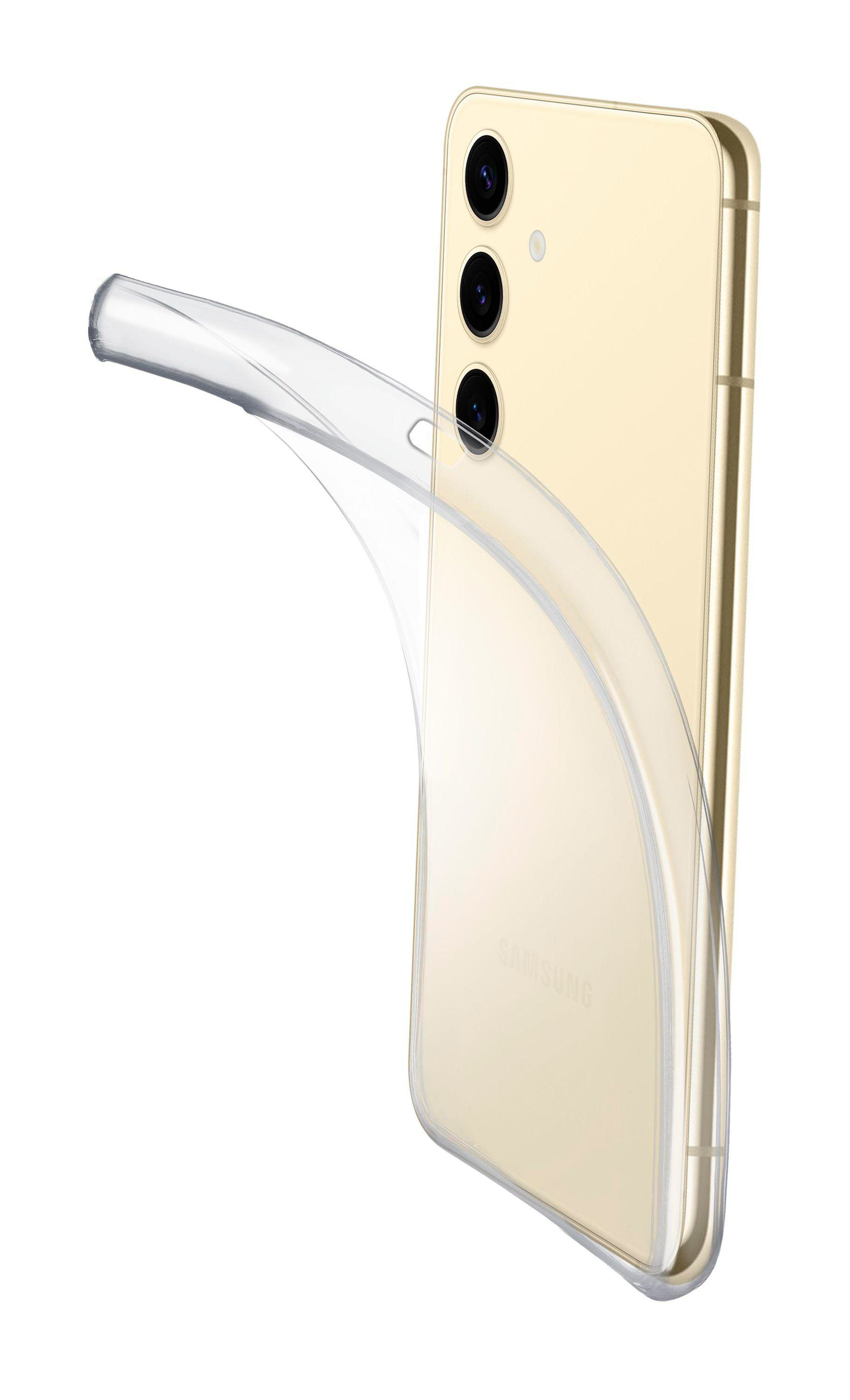Goldenes Samsung-Handy mit transparenter Hülle. Transparente Hülle wölbt sich nach außen. Schwarzer Hintergrund.